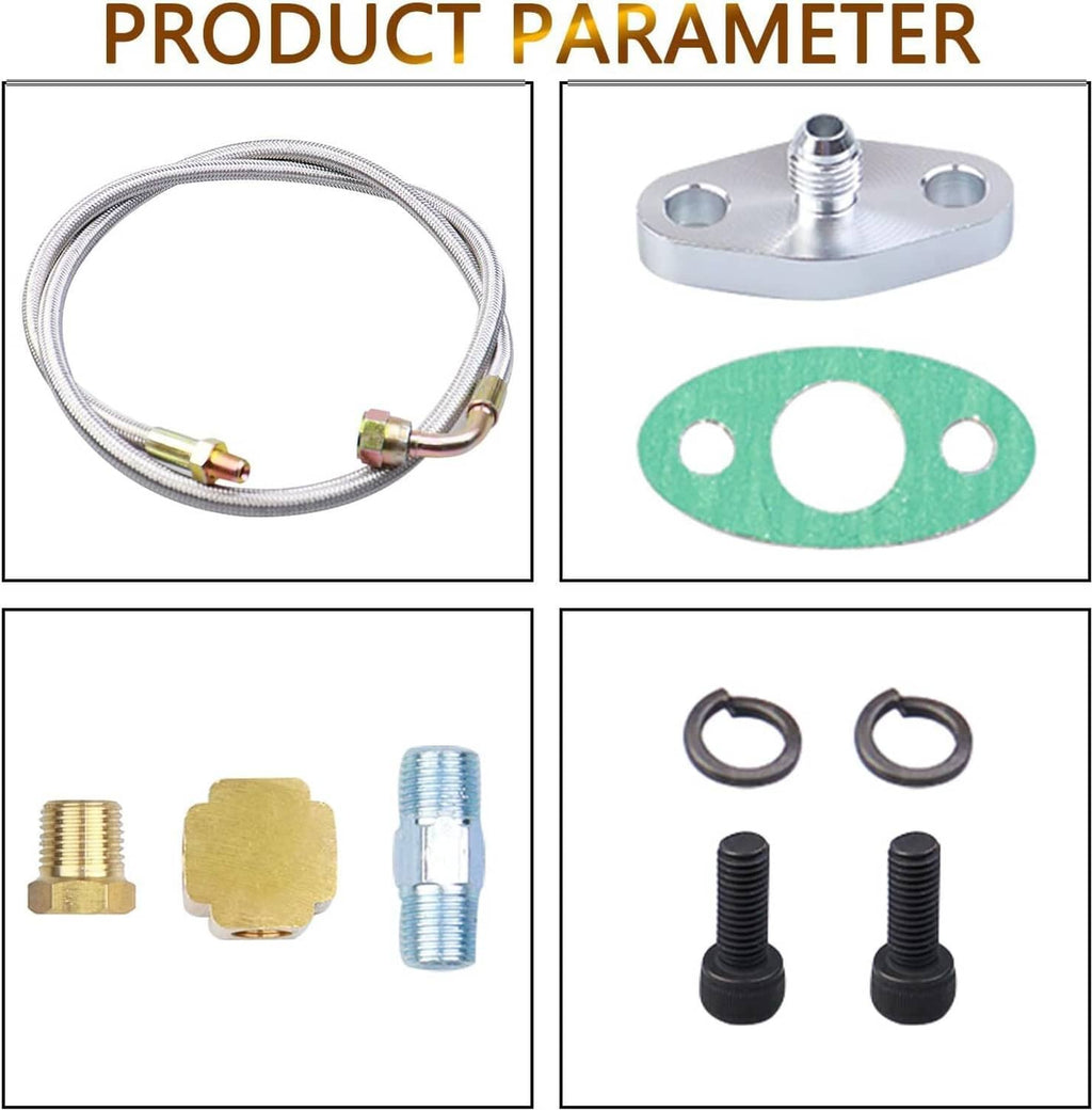 Turbo oil feed line kit components: braided hose, mounting plate, green gasket, and threaded parts