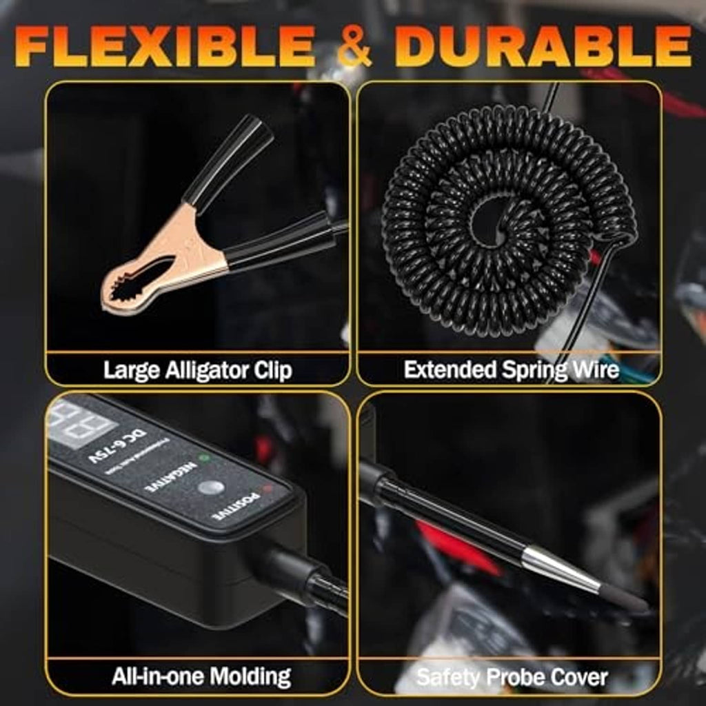 Black voltage tester with large alligator clip, extended spring wire, and safety probe cover