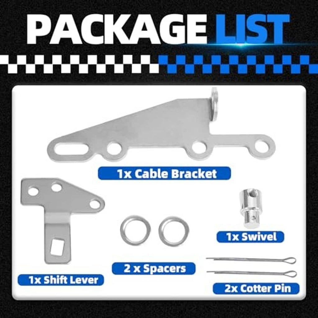 Automatic shifter bracket lever kit includes steel cable bracket, shift lever, swivel, and cotter pin