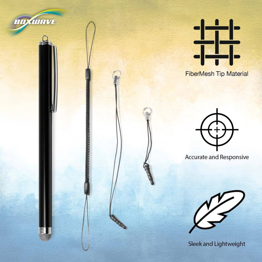 Jet-black capacitive stylus with coiled lanyard straps and metal end cap