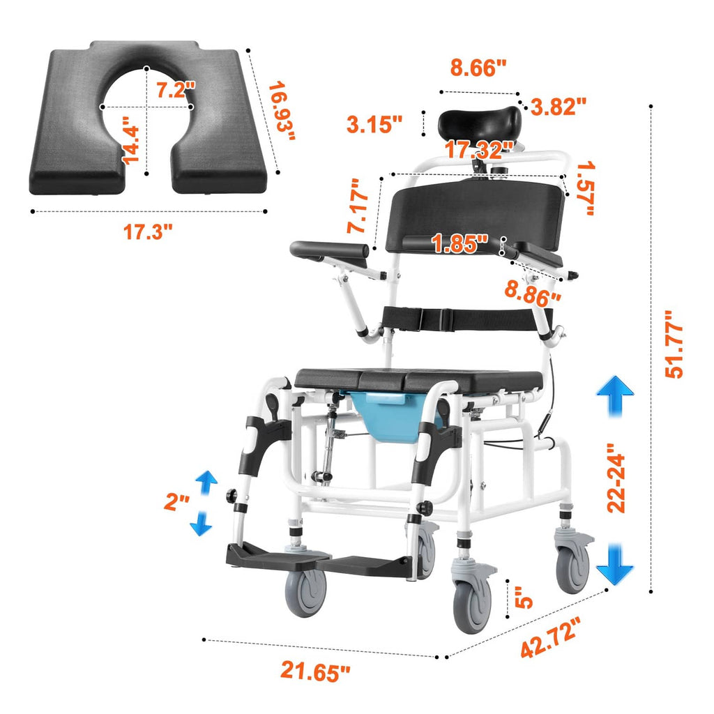 Shower wheelchair with blue seat support, black backrest, and four caster wheels