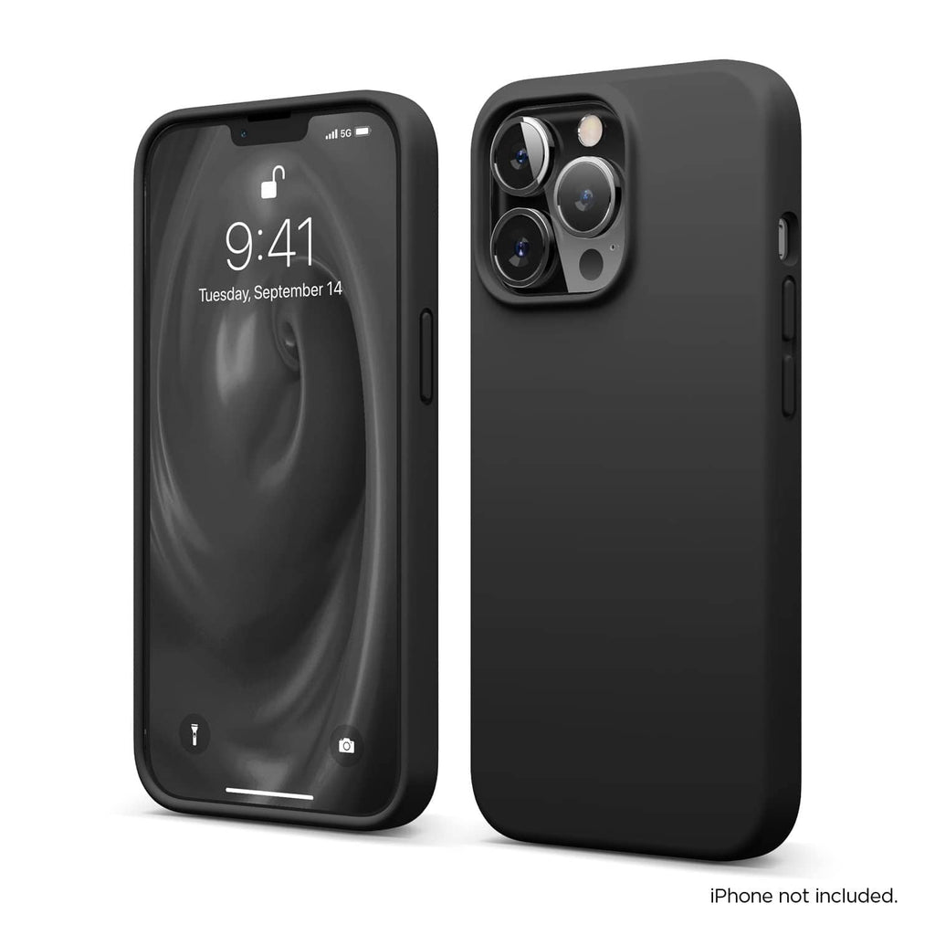 Black liquid silicone iPhone 13 Pro case, front and back view with full coverage