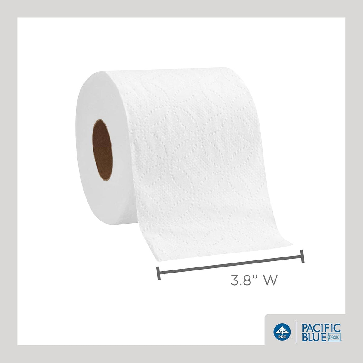 White 2-ply embossed toilet paper roll, shown with brown core and 3.8 in width indicator