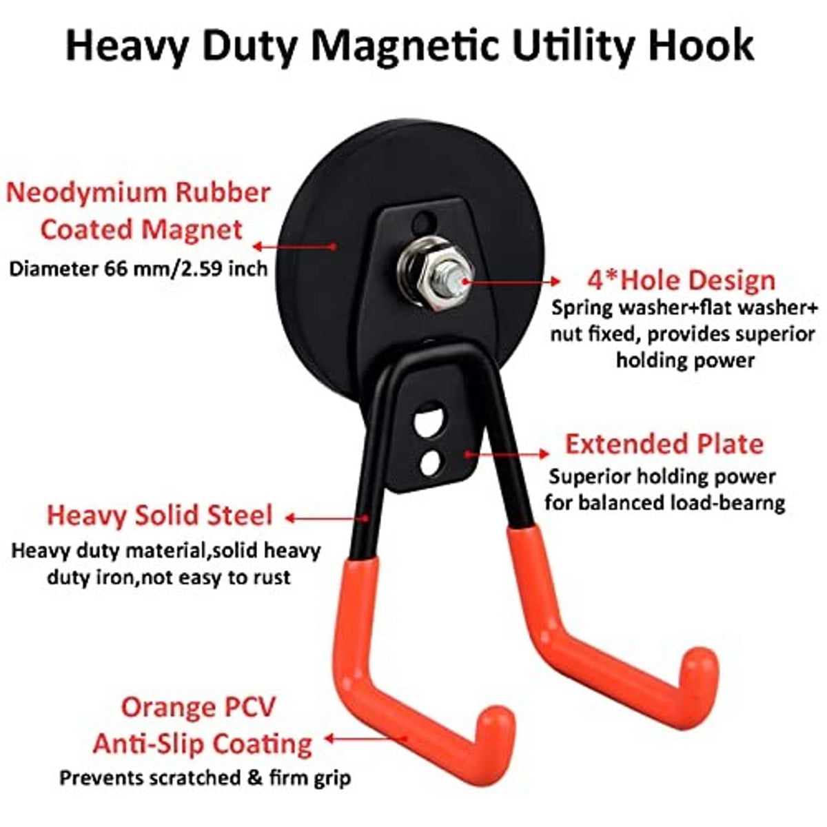 Single heavy-duty magnetic utility hook with orange PVC anti-slip coating