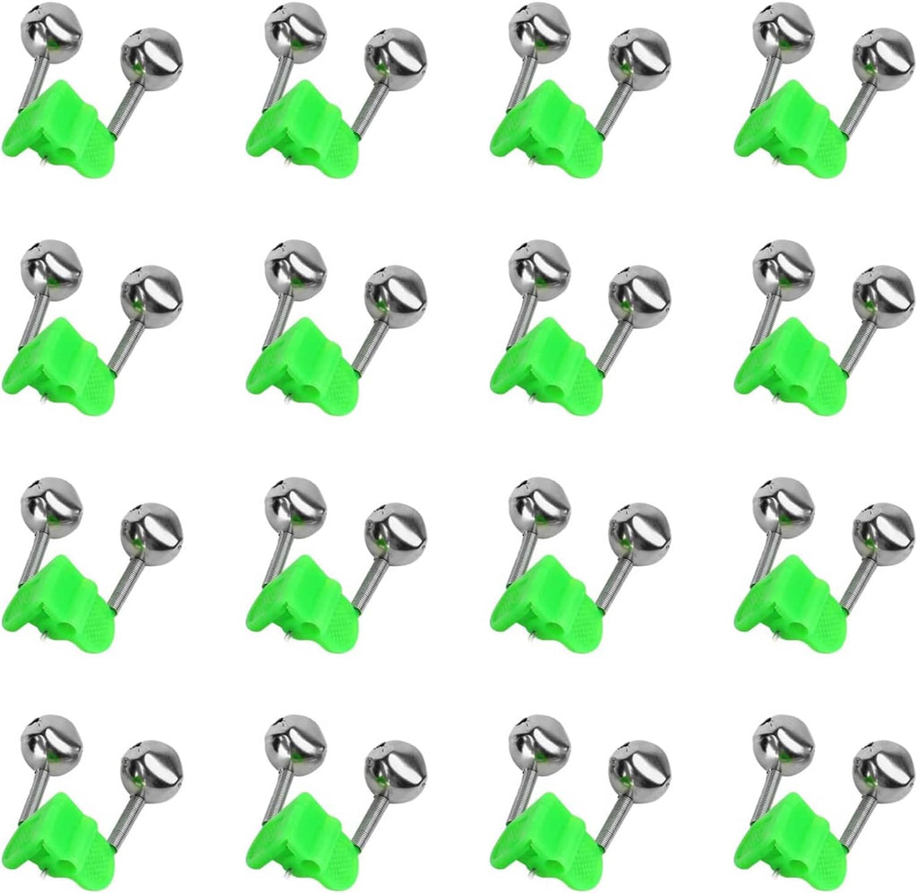 Green and chrome fishing rod bite alarm bells displayed as a multi-pack