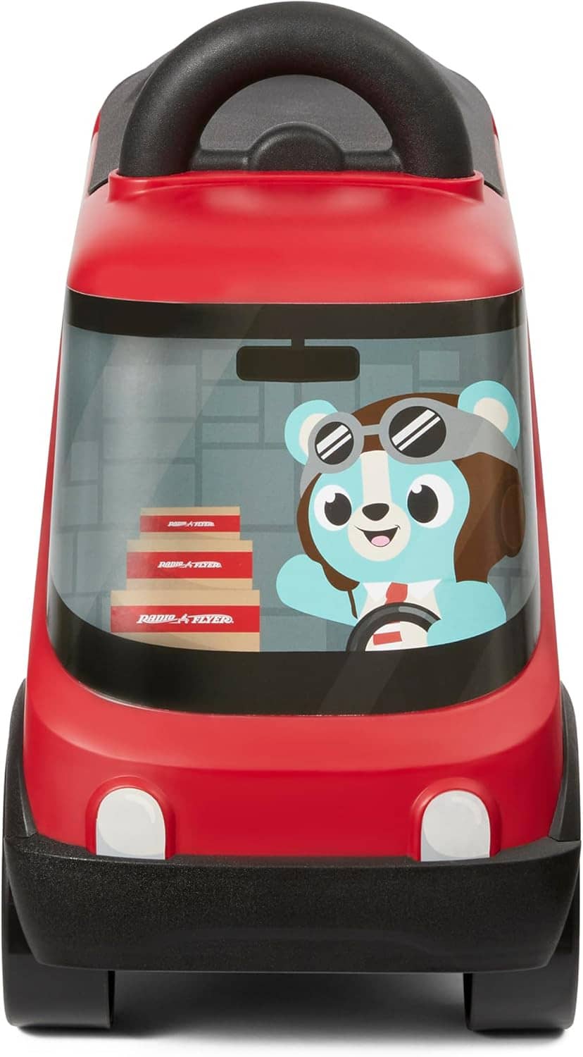 Red ride-on delivery truck toy front view with clear window and panda driver graphic