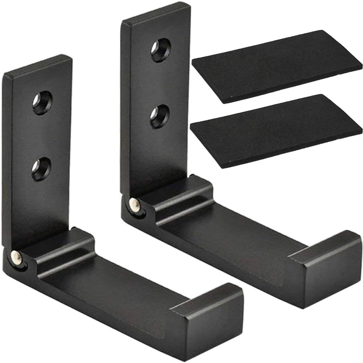 Pair of black folding wall hooks with two mounting holes and double arm rests
