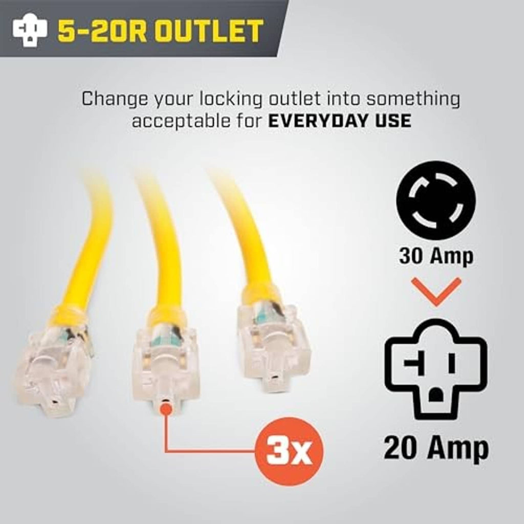 Generator adapter cord with 5-20R output split, yellow with three 30A plugs