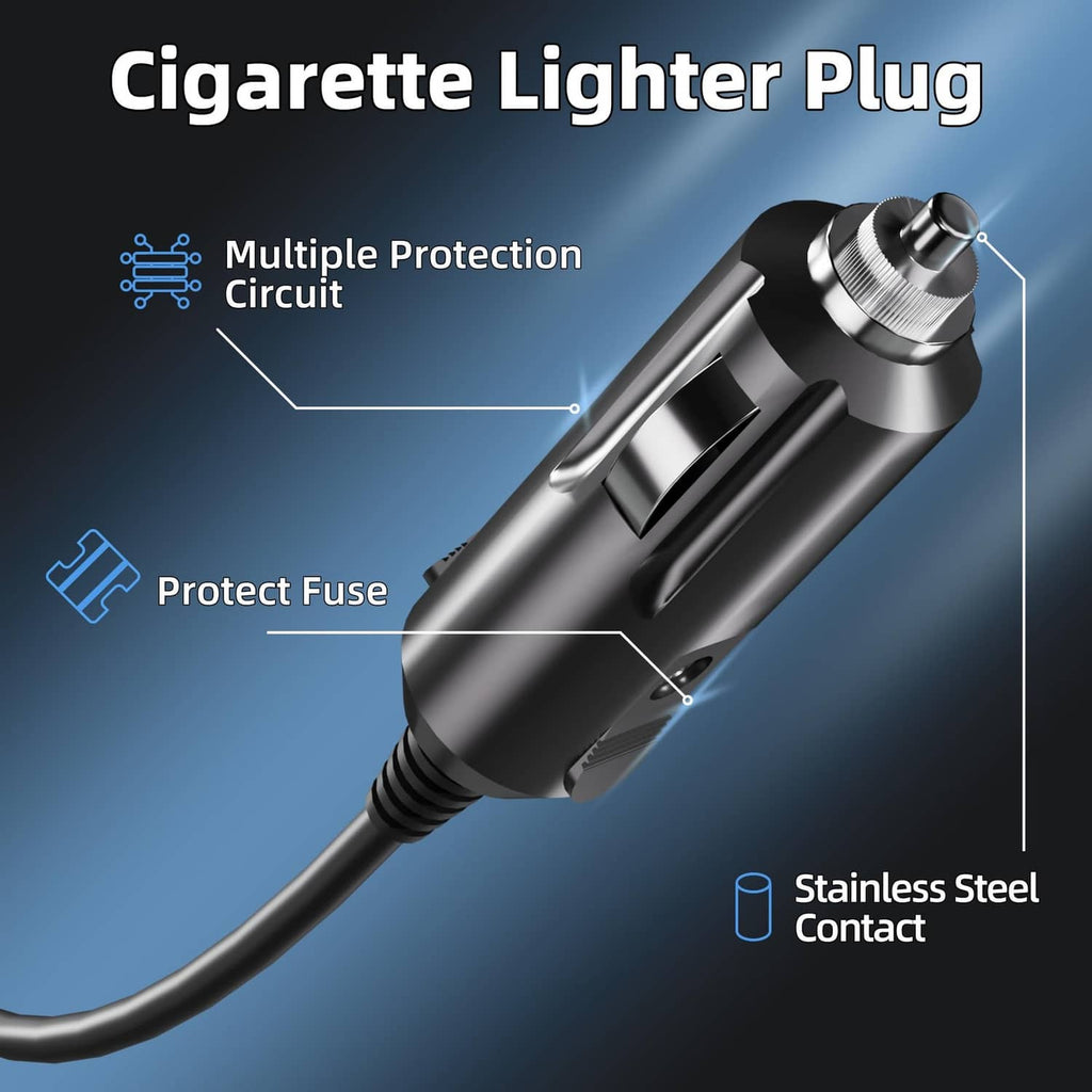 Cigarette lighter plug adapter with knurled metal tip and black cable, mini power connector