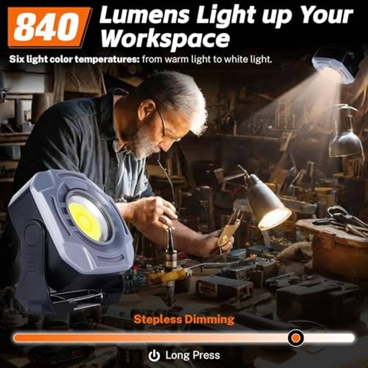 Gray rechargeable work light with circular LED head and fold-out stand