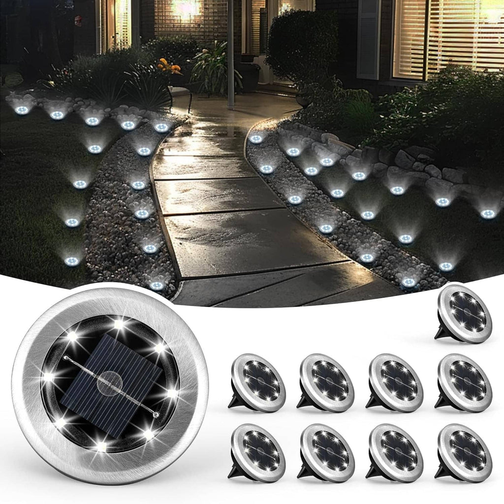 SOLPEX mini solar ground lights, 10-pack, round stainless caps, cool white glow