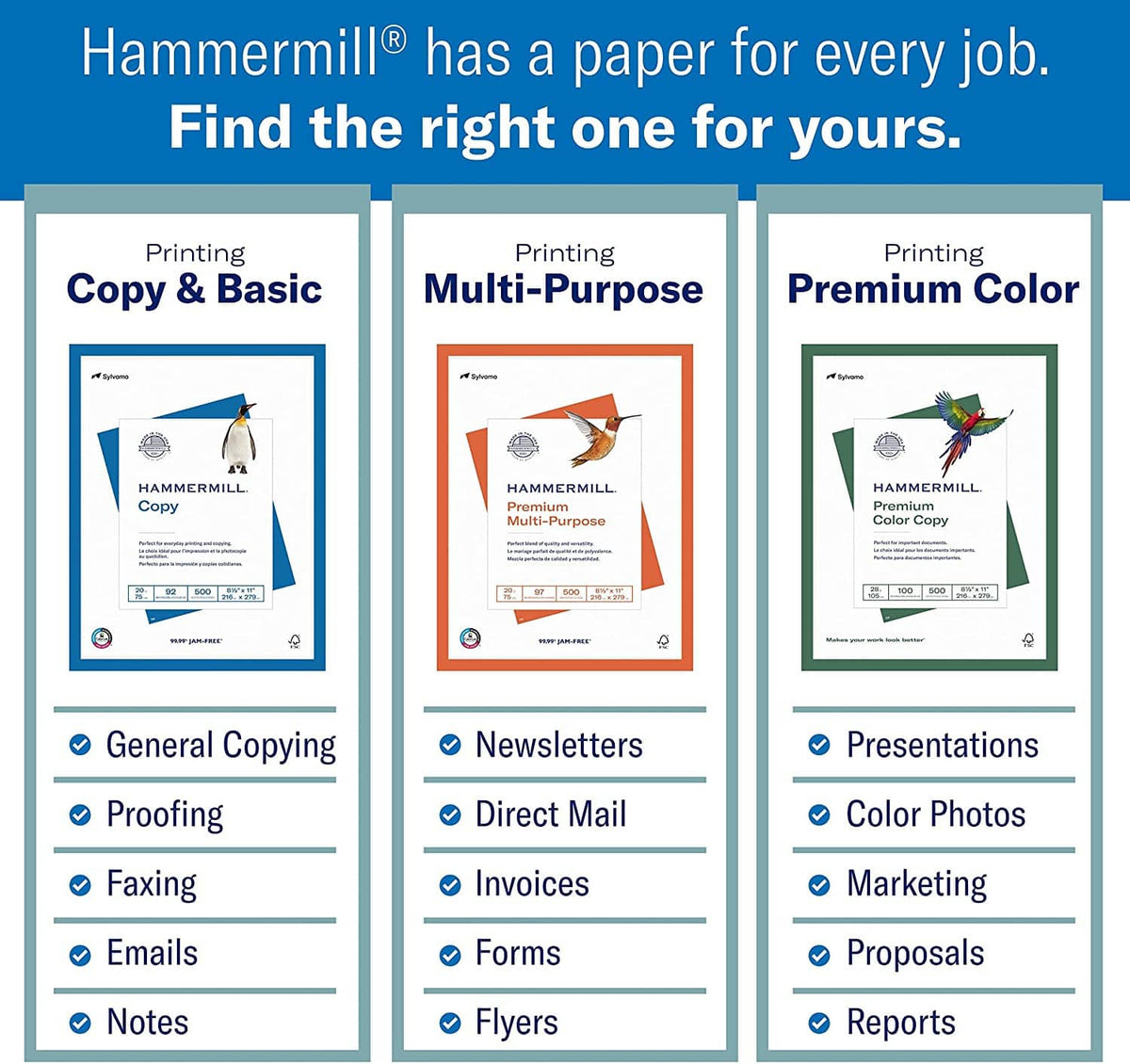 Hammermill copy paper variety guide with Copy & Basic, Multi-Purpose, Premium Color panels