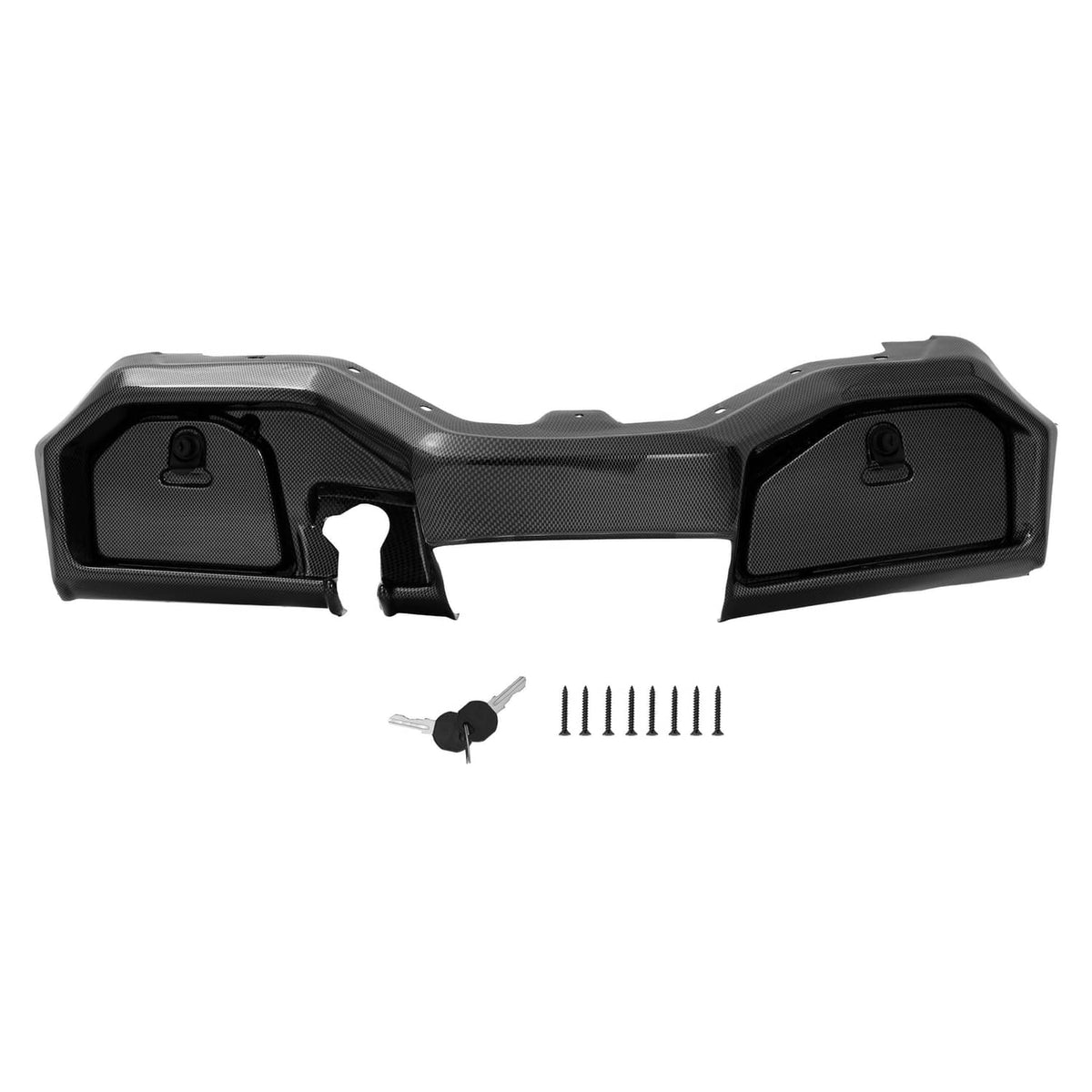 Dark carbon fiber-style dashboard cover with speaker/compartment openings and included screws