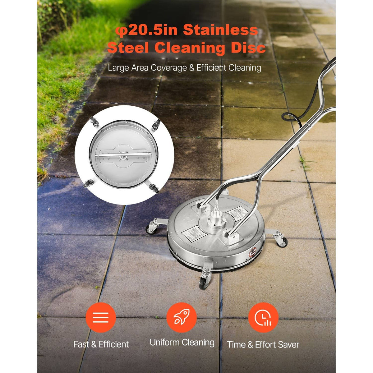 Stainless steel round pressure washer surface cleaner with rotating spray arms and wheels