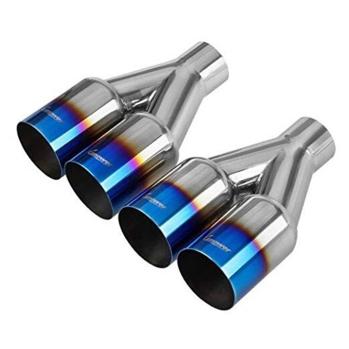 Dual exhaust tips, 304 stainless with blue-purple burnt finish and two black outlet openings