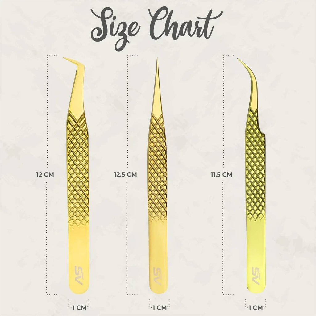 Gold diamond-grip eyelash tweezers size guide showing different lengths