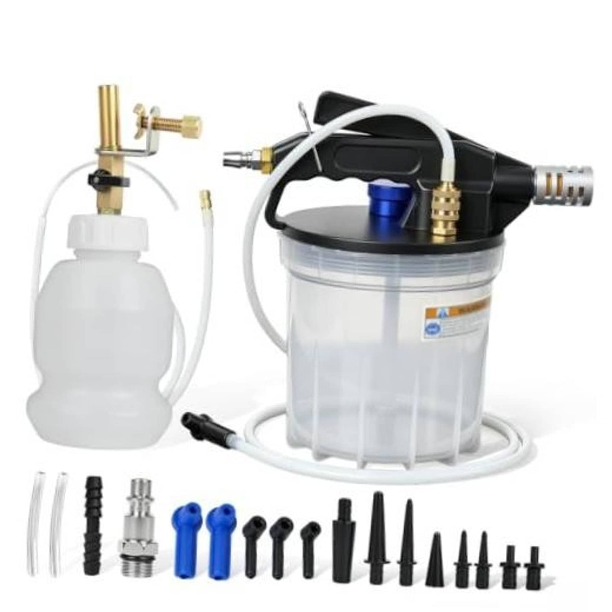 Pneumatic brake bleeder vacuum pump kit with black pump, blue knob, clear reservoir and hoses