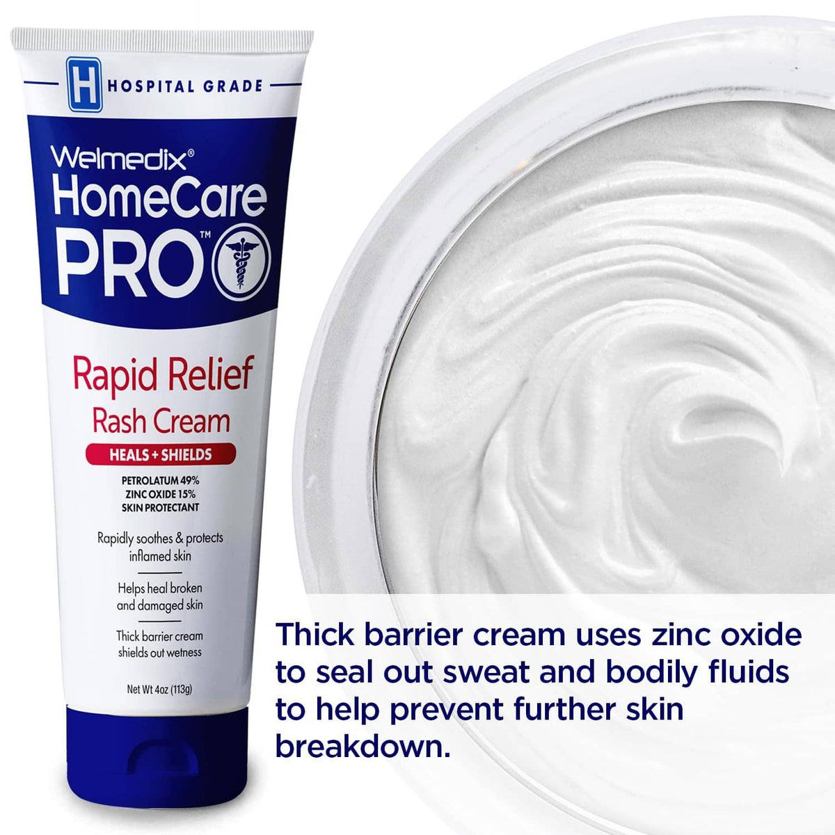Welmedix HomeCare PRO thick barrier zinc oxide diaper rash cream with swirl texture.