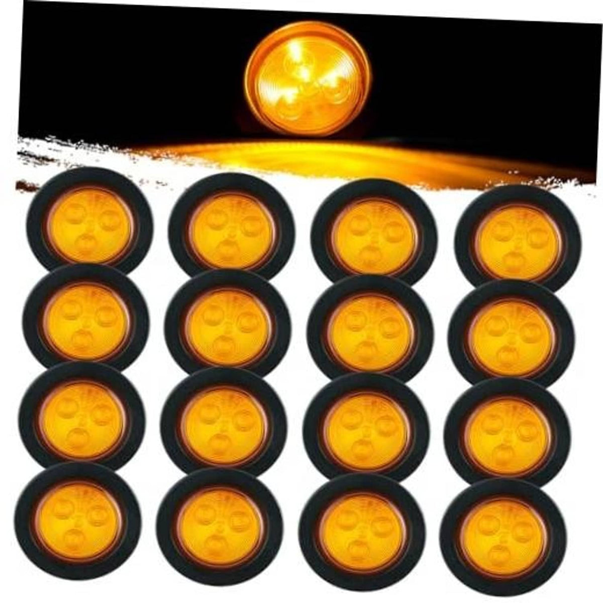 Set of 16 amber round LED trailer side marker lights with black mounting rings