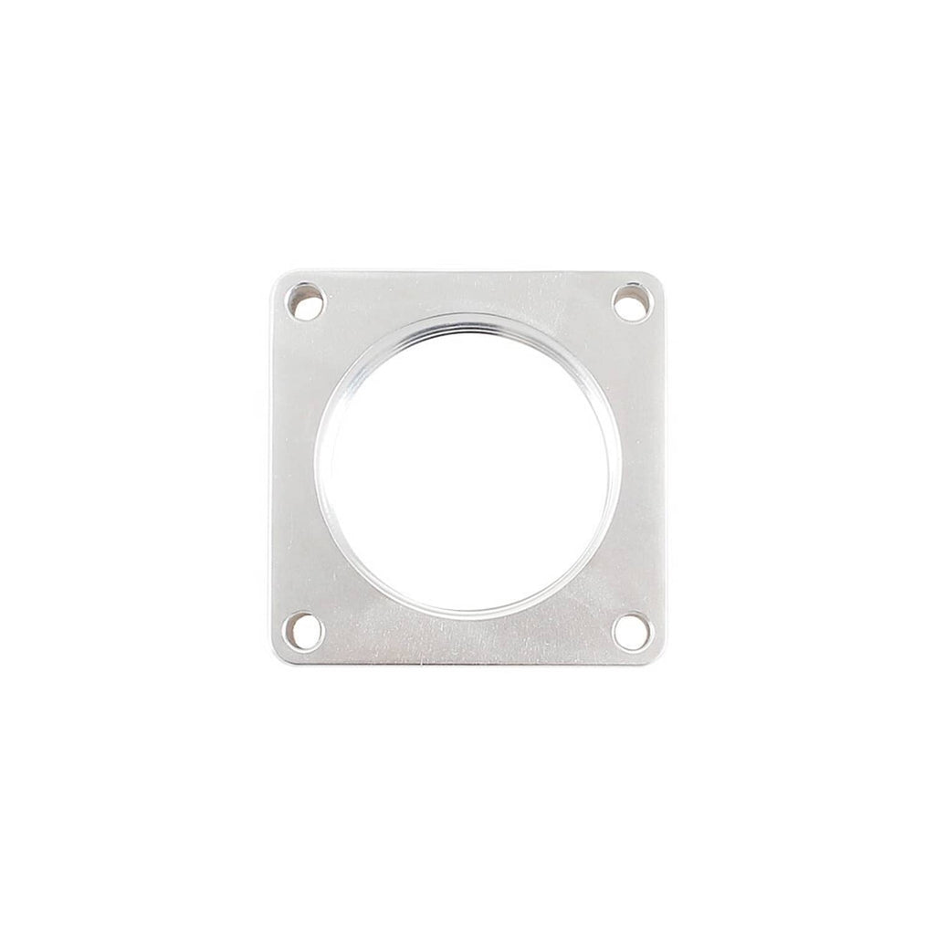 Silver throttle body spacer mounting plate with round bore and four bolt holes
