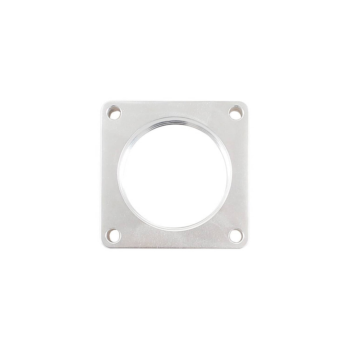 Silver throttle body spacer mounting plate with round bore and four bolt holes