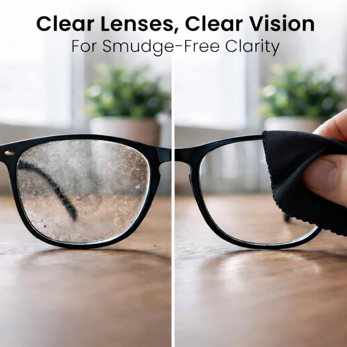Black eyeglass lenses being wiped with a microfiber cloth