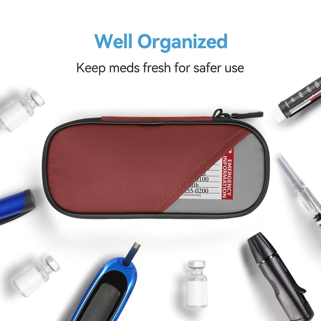 Red and gray insulated insulin cooler case, zippered front organizer panel