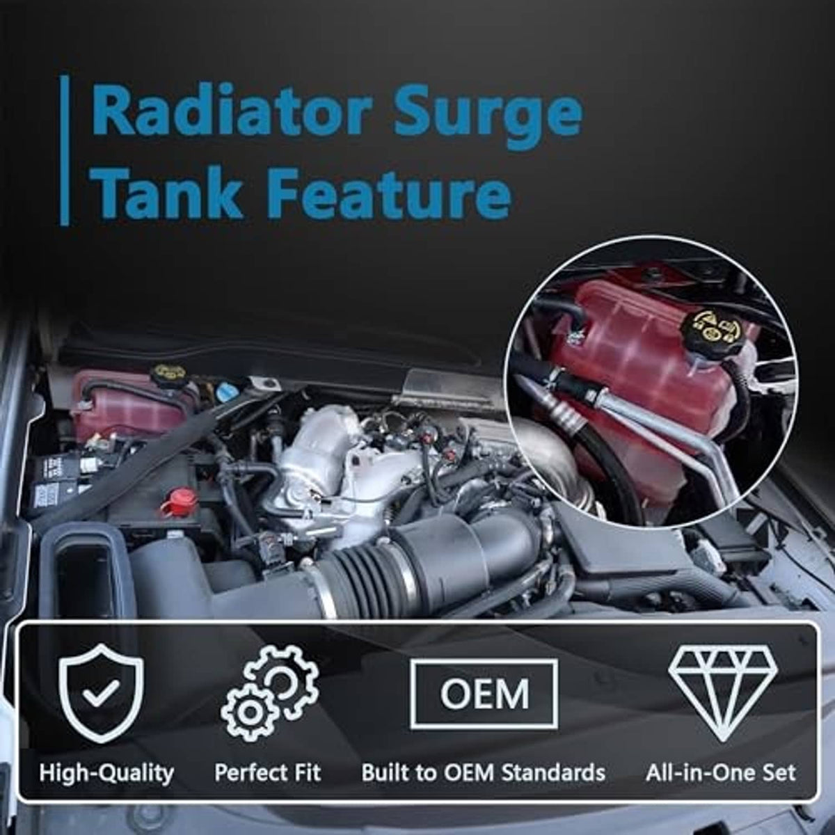 Radiator surge tank feature panel with OEM icons and under-hood coolant reservoir