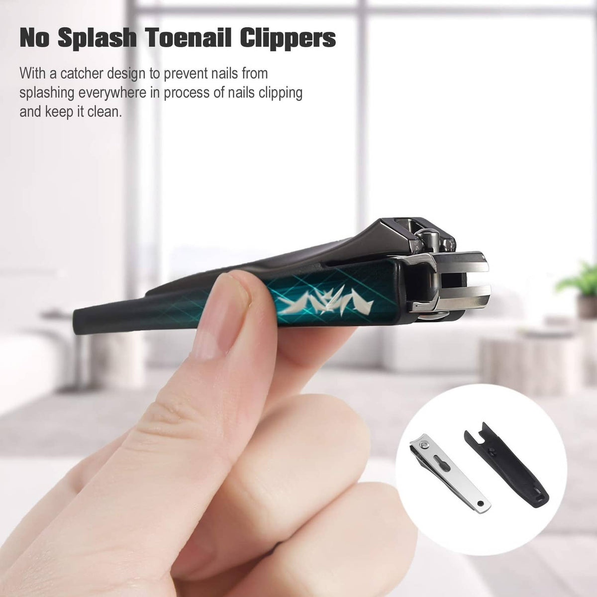 Black nail clipper with catcher-style design, shown being held