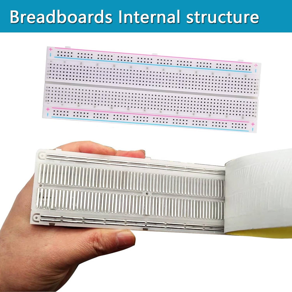 Breadboard shown in close-up from the side with internal metal contacts and slots