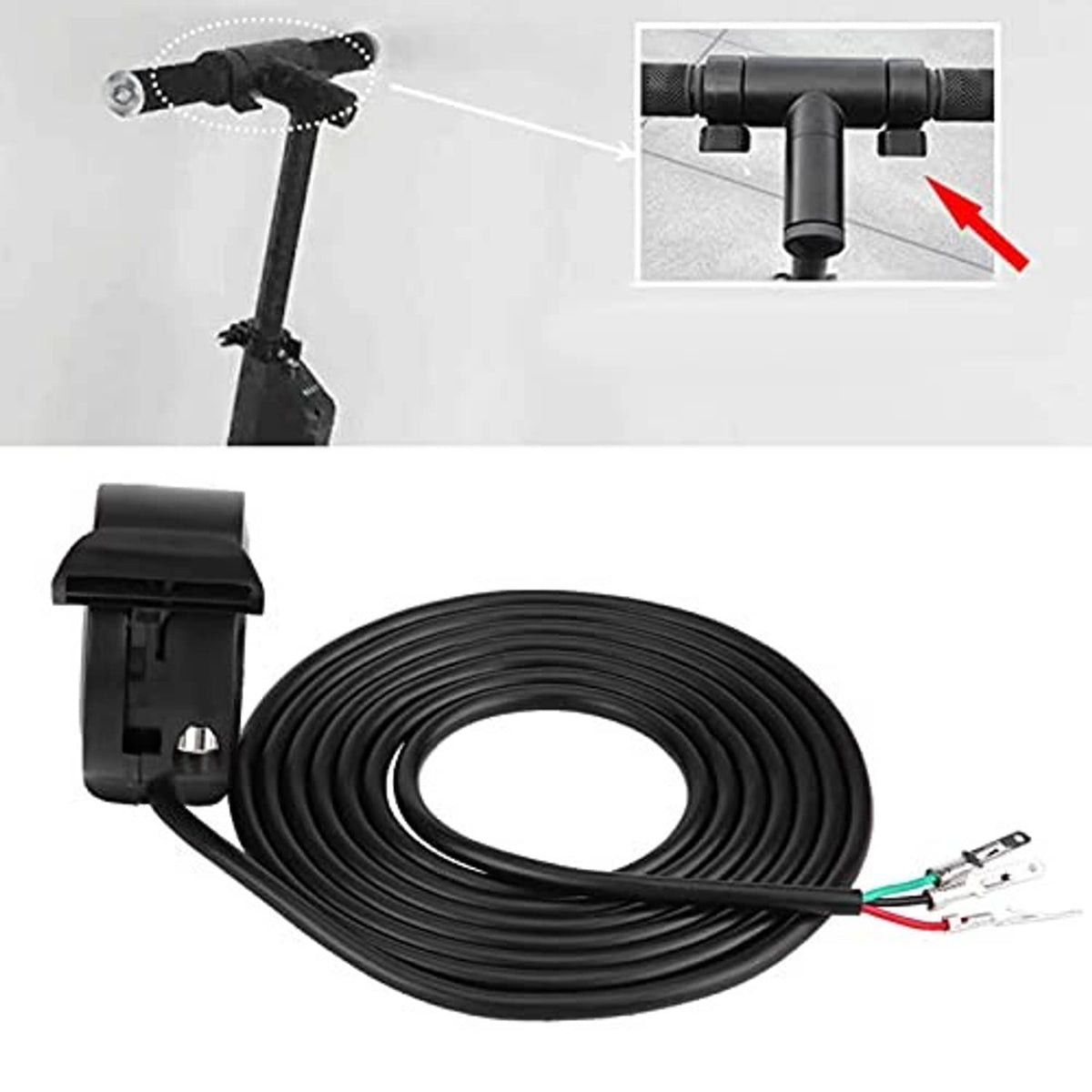 Black thumb throttle unit with mounting clamp and long coiled cable with wire terminals