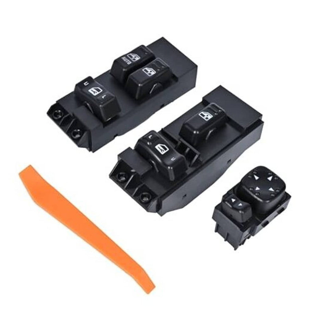 Power window switch assembly with mirror control, black plastic switches and rocker buttons.