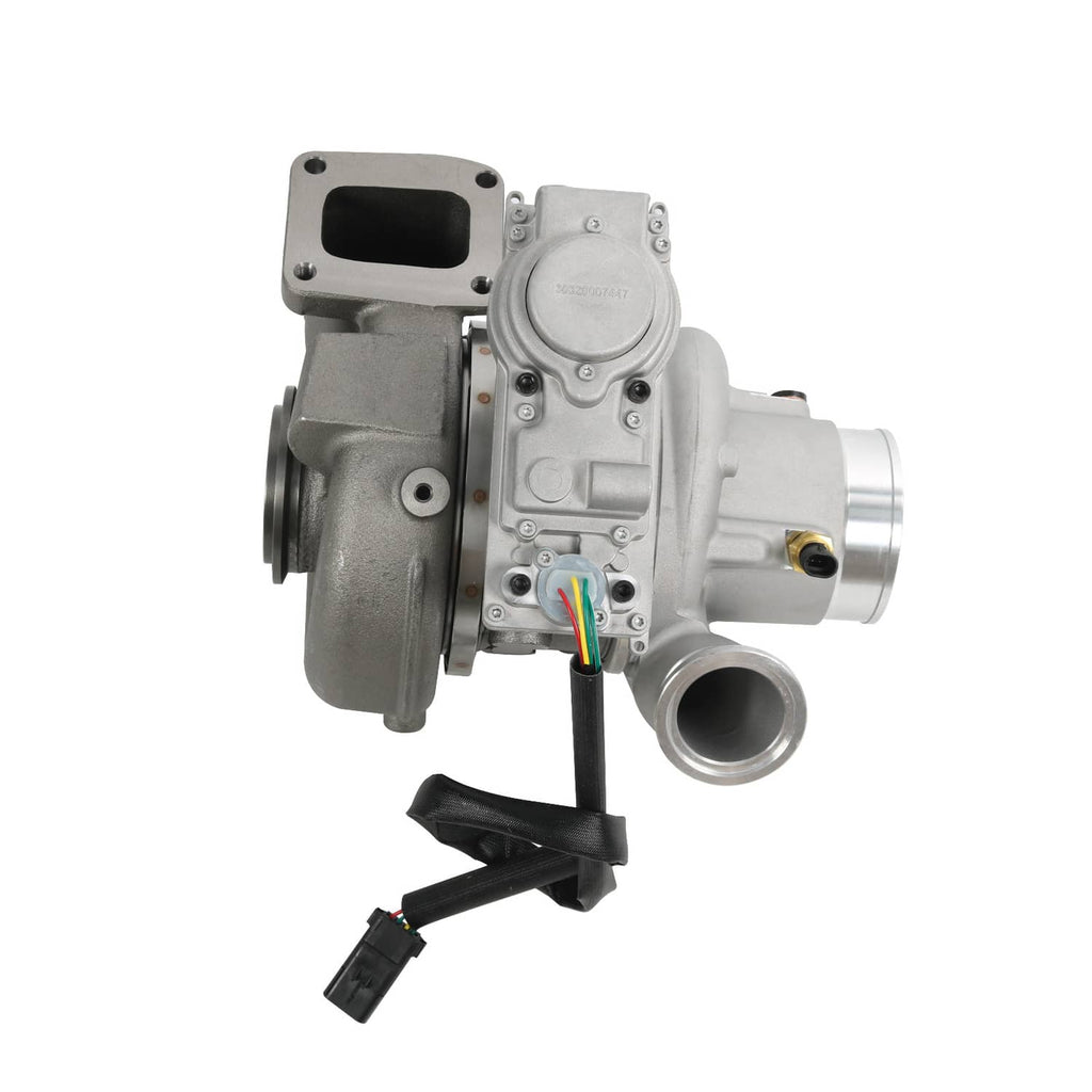 Turbocharger with solenoid valve cover and sensor wiring, front-left view