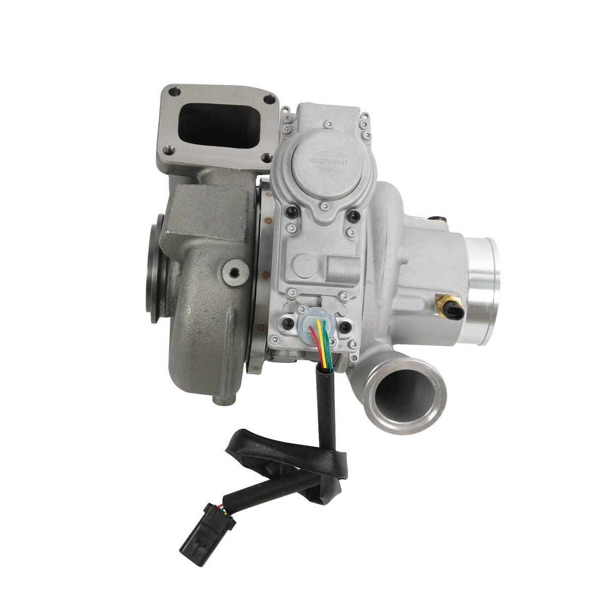 Turbocharger with solenoid valve cover and sensor wiring, front-left view