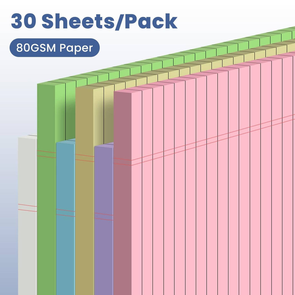 Stack of small colored notepads with lined pages in green, yellow, pink, and blue