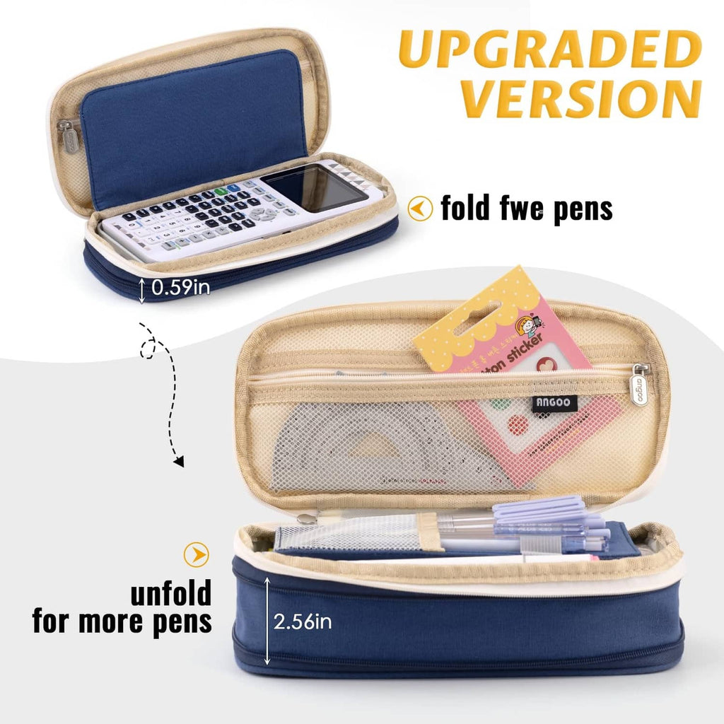 Navy and beige pencil case with clear pocket, open fold layout for pens