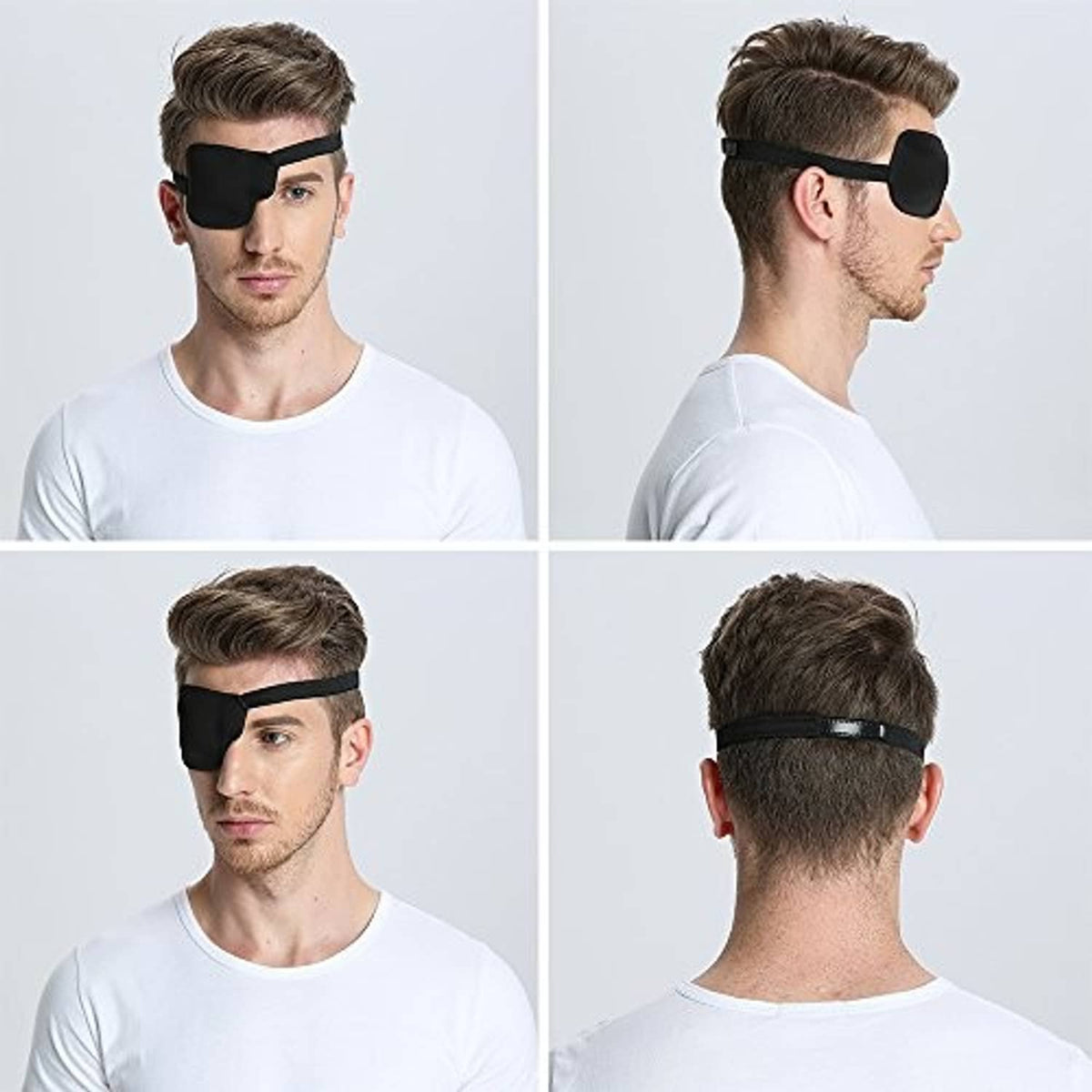 3D contoured black left eye patch shown from front and side views