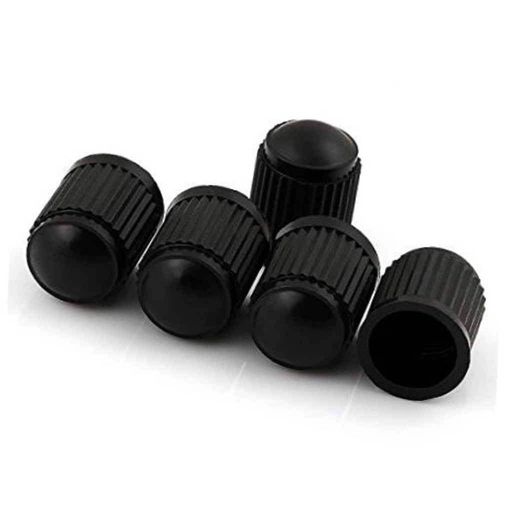 Set of 5 black ribbed plastic valve stem caps, rounded tops and open ends