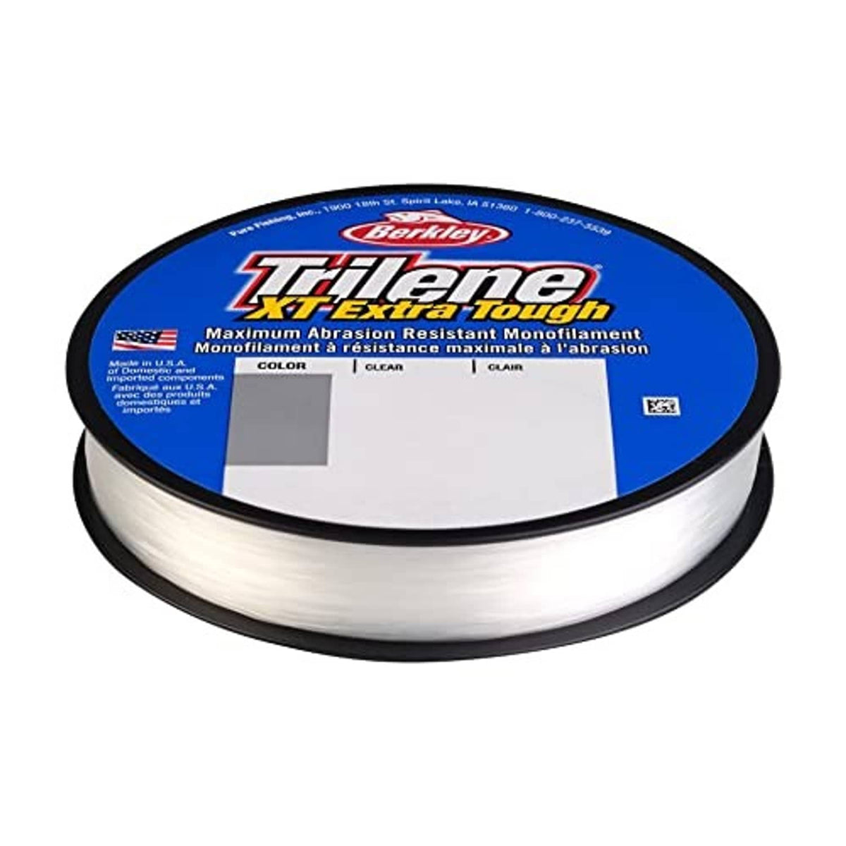 Clear monofilament fishing line spool with blue label and black outer rim