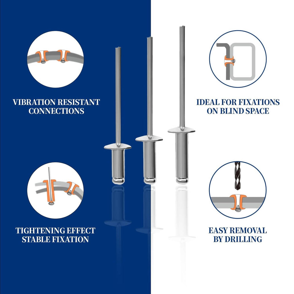 Silver pop rivets shown upright for blind-space fixation and drill removal