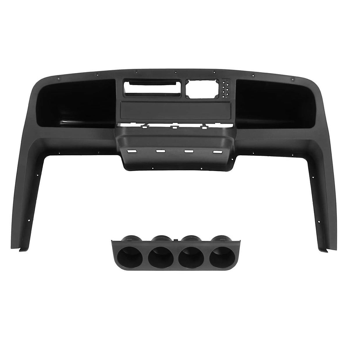 Black golf cart dash instrument panel cover with central console and vent cutouts