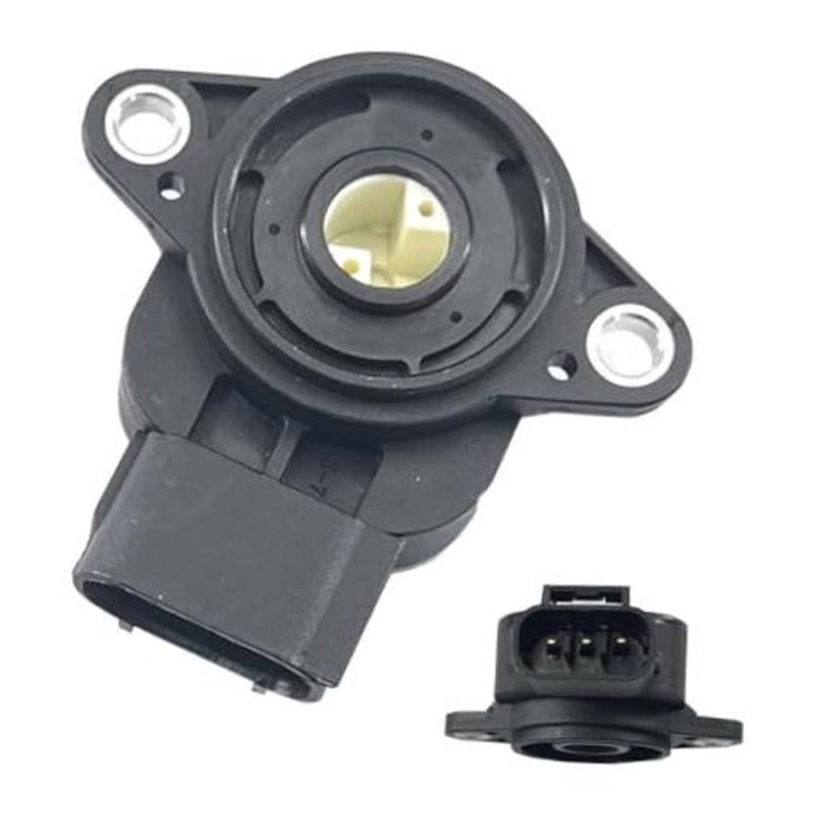 Throttle position sensor (TPS) with circular housing, mounting holes, and black connector