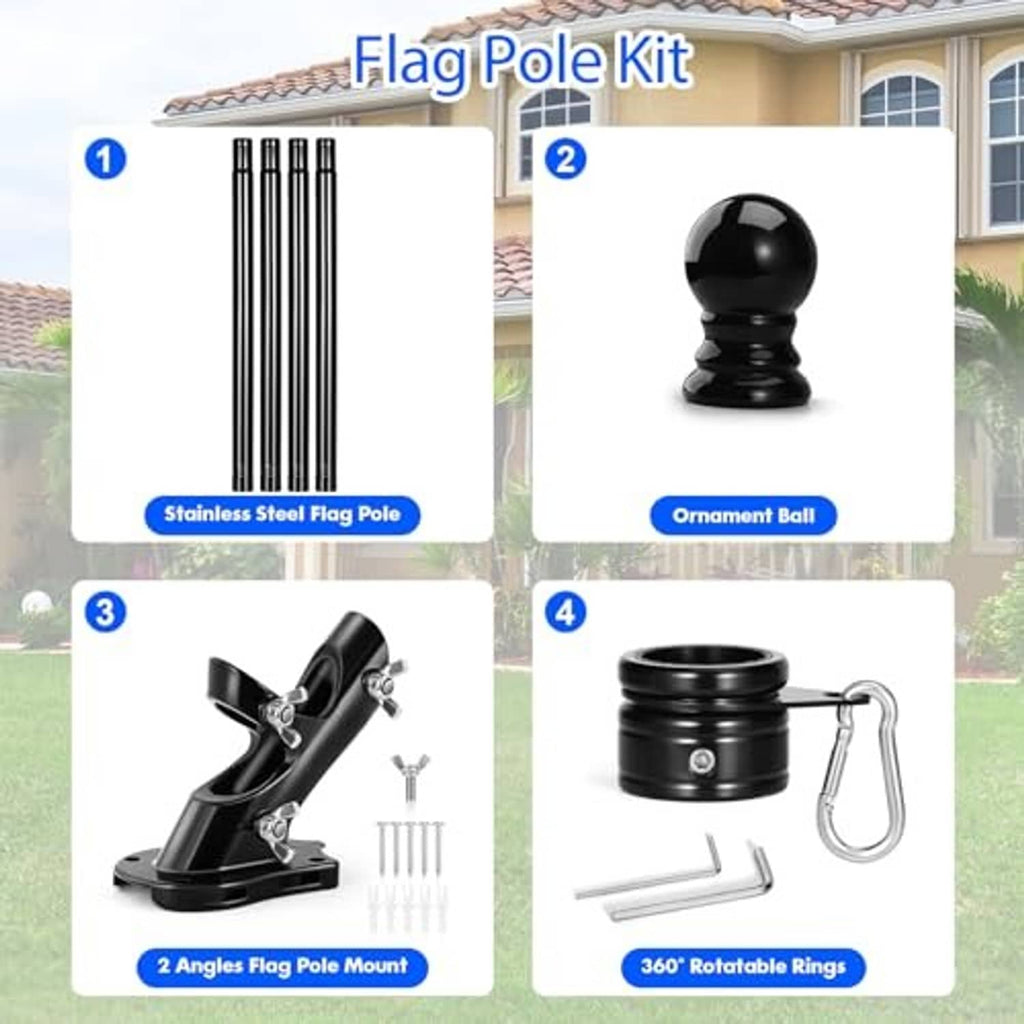 Black flag pole kit components: rod, ornament ball, angle mounts, and rotatable rings