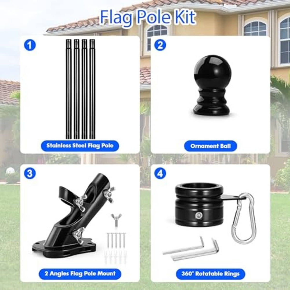 Black flag pole kit components: rod, ornament ball, angle mounts, and rotatable rings