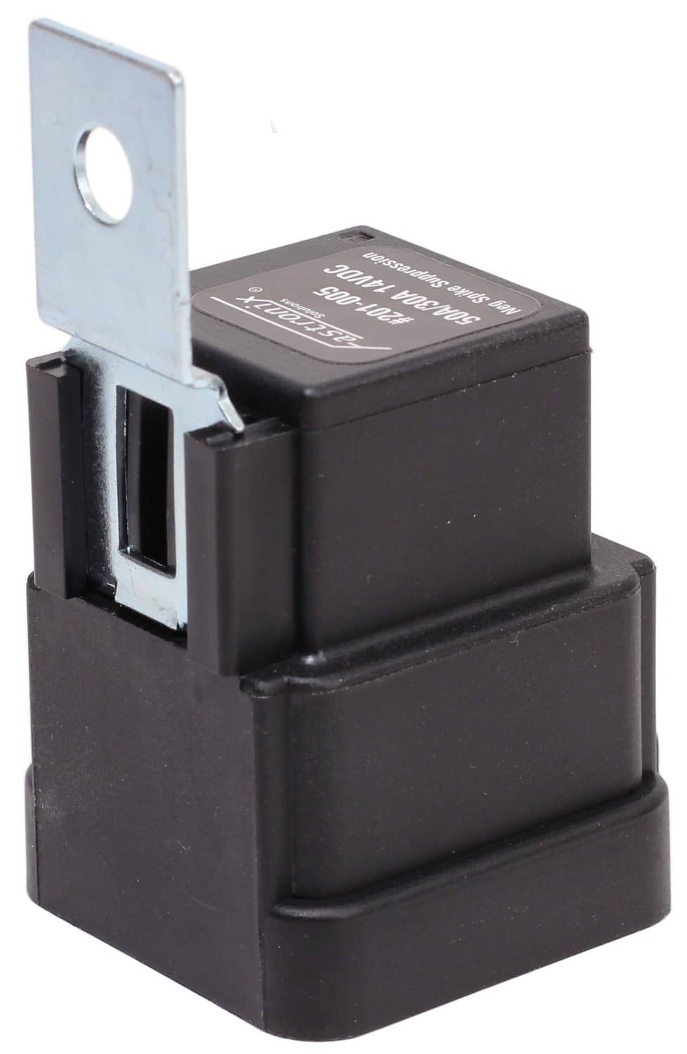 Black weatherproof automotive relay with metal mounting tab and side electrical connector