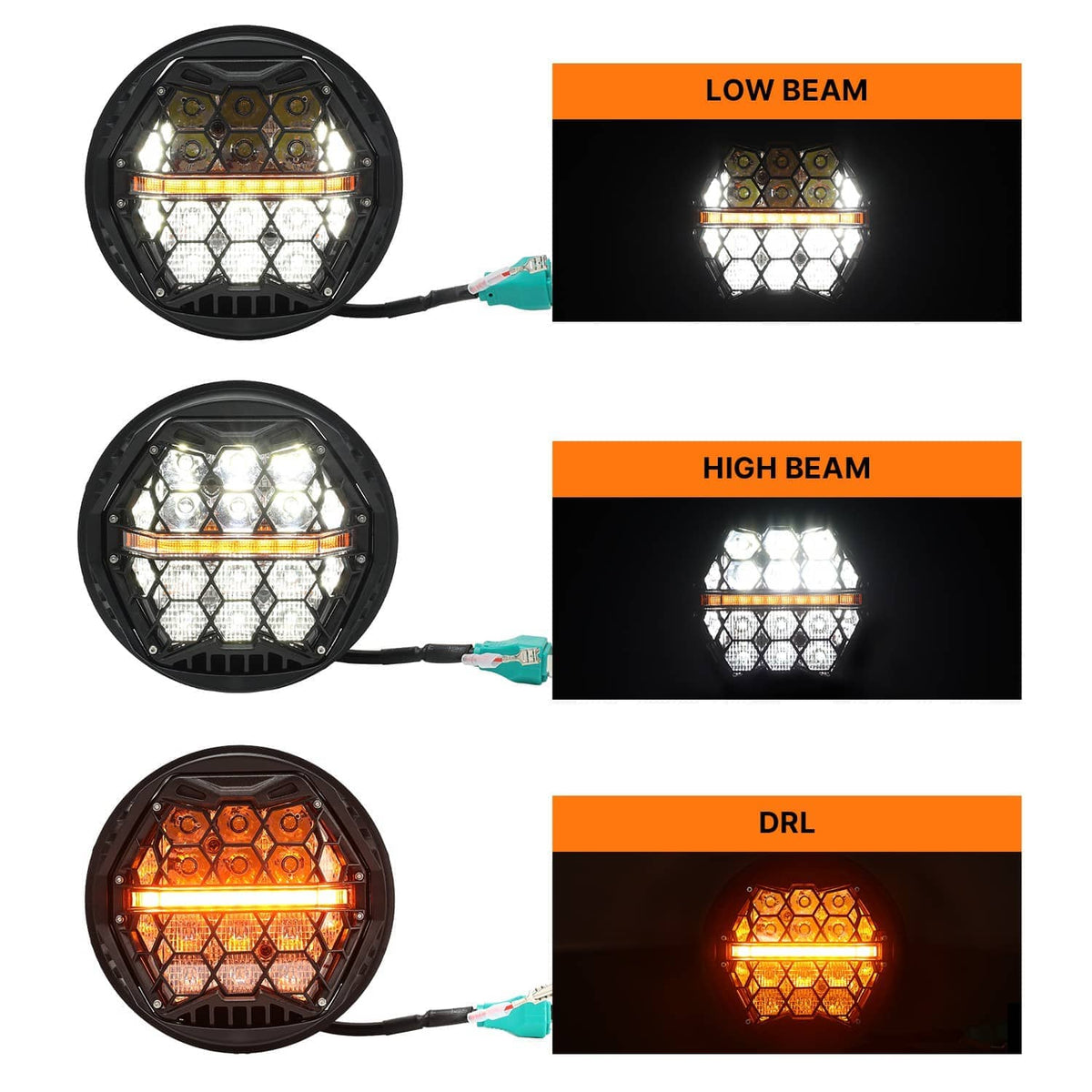5.75 in LED honeycomb headlight showing low beam, high beam, and DRL lighting
