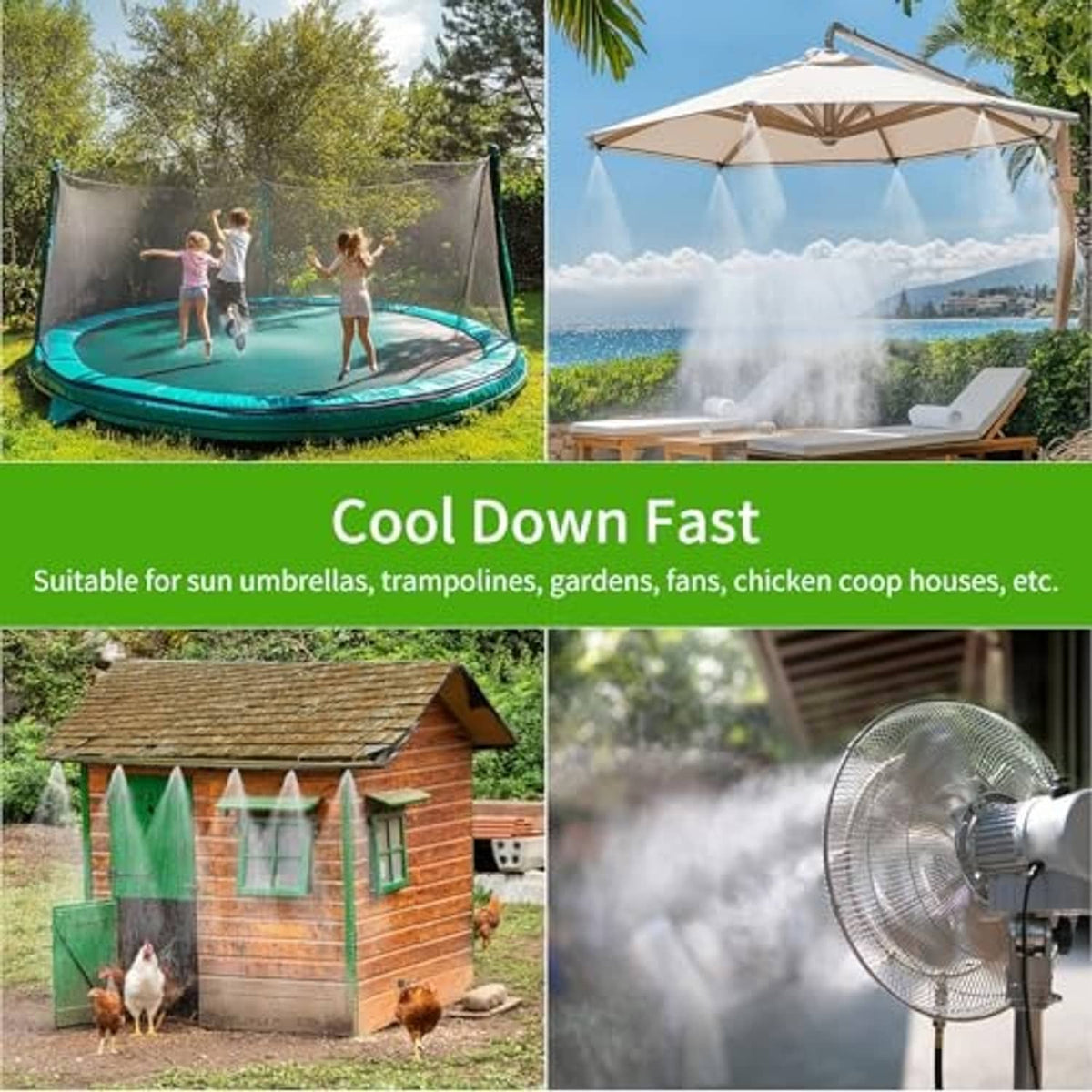 Outdoor misting system spraying over trampoline and patio lounge under an umbrella