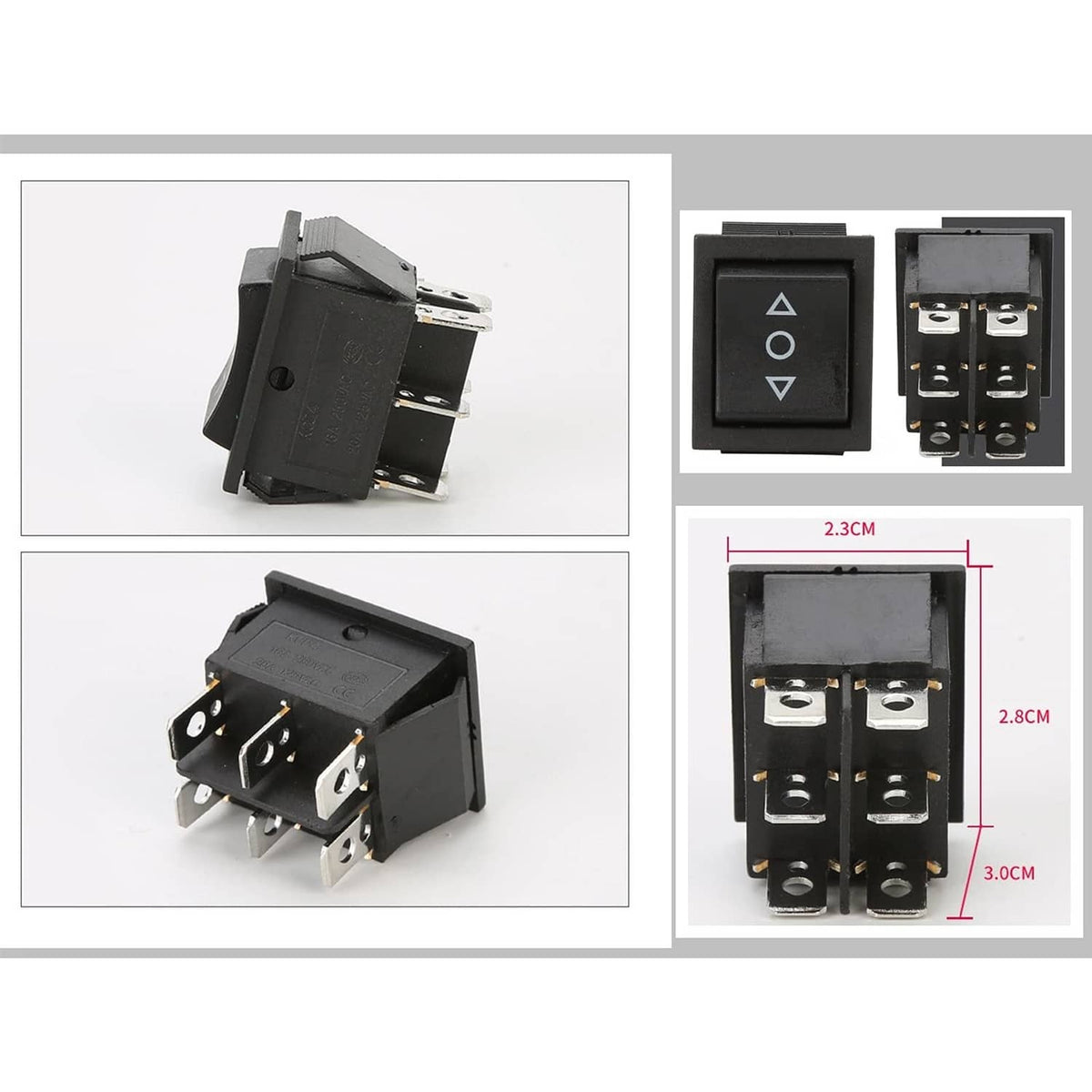 Black 6-pin rocker switch with mounting tabs, contact block and size diagram