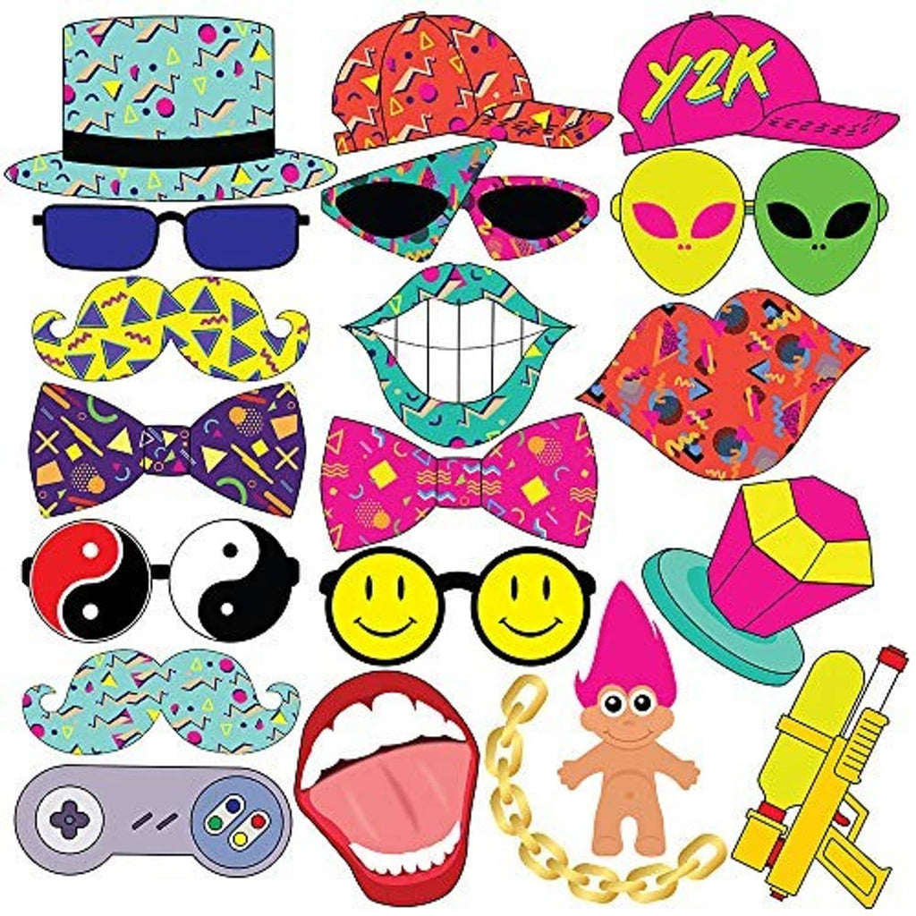 Assorted 90s photo booth masks, sunglasses, hats, bow ties, and a peace-sign props