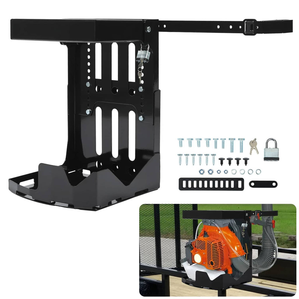 Adjustable black trailer rack mount with mounting holes and side support bracket